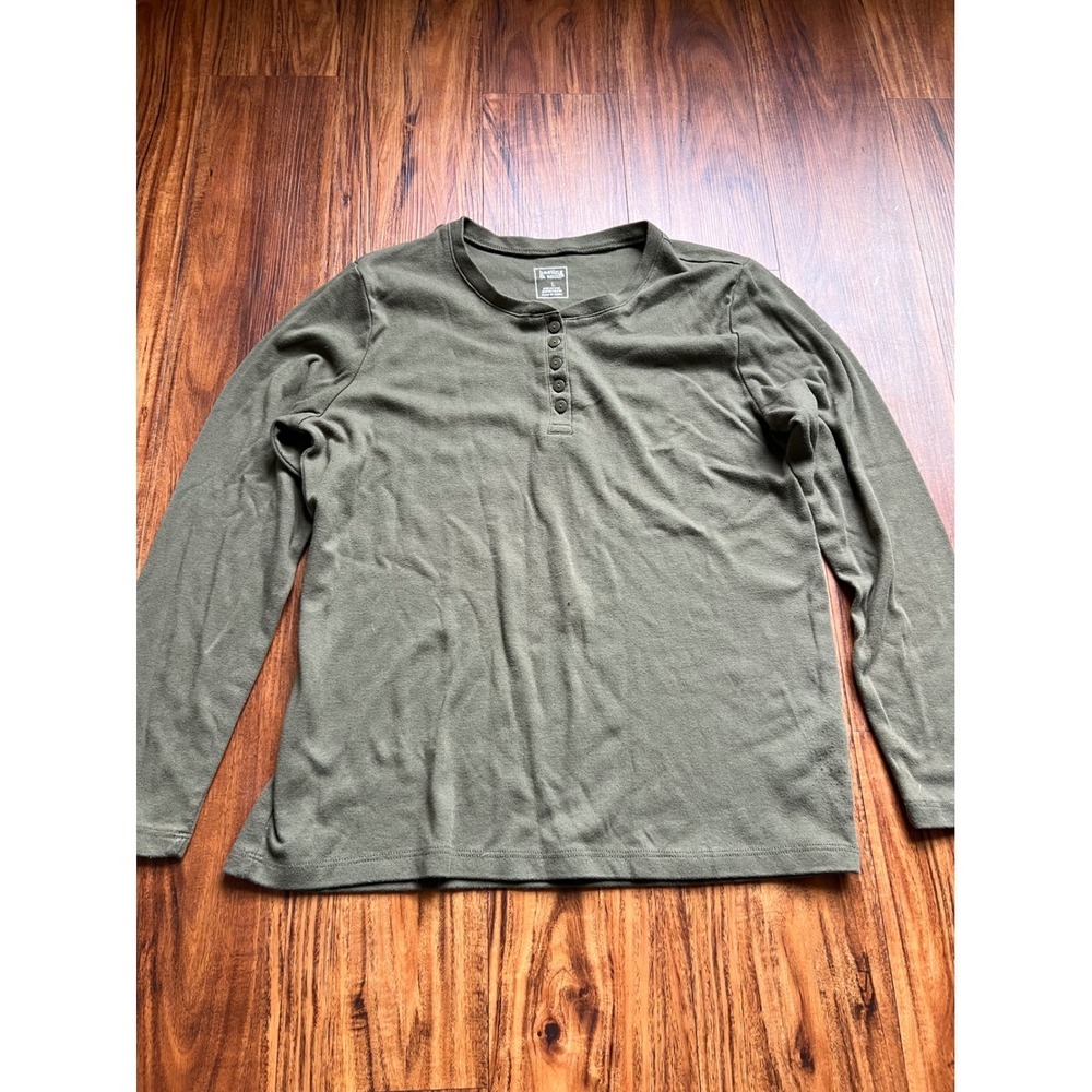 Henley Top Women Large Green Excellent Long Sleeve Cotton Blend Earthy Fall